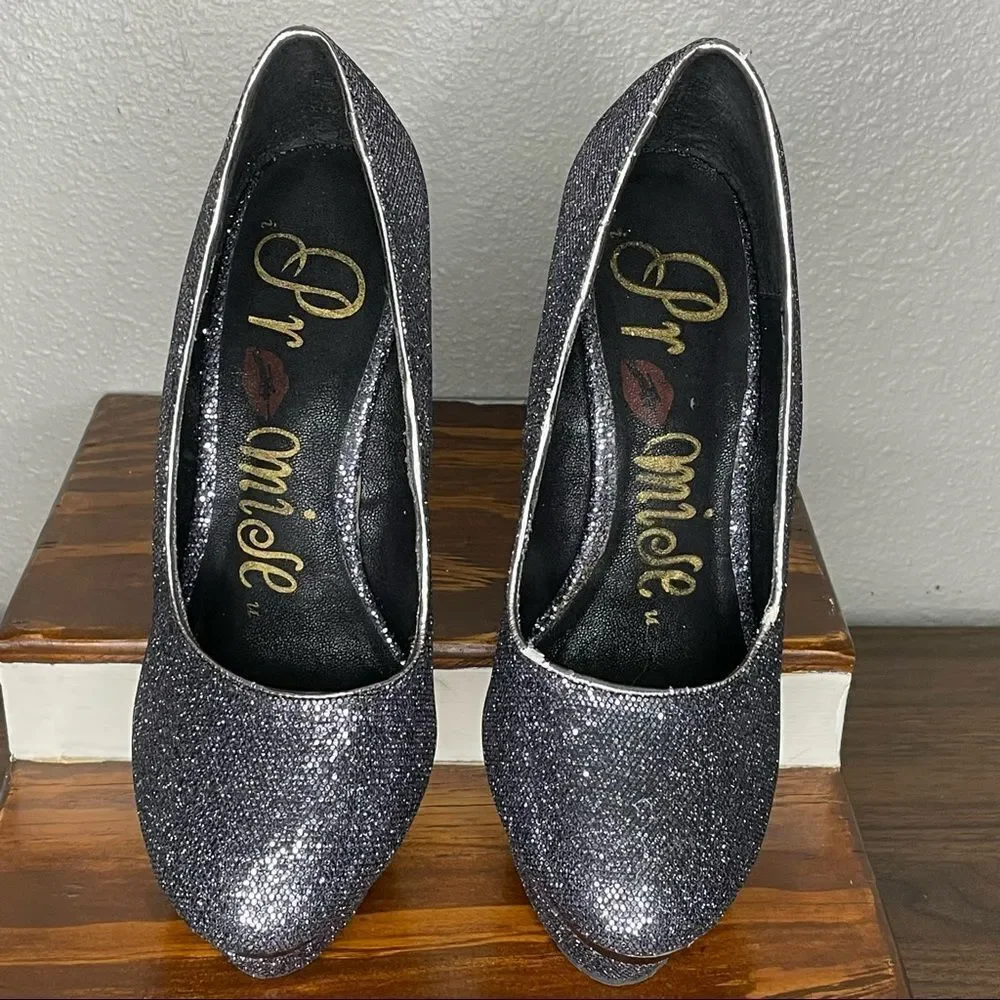 Promise Stiletto Platform Glitter Sparkly Steel Gray / Pewter High Heels Size 9
